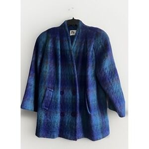 Vintage Ria Coat Company Coat Womens Large Blue Fuzzy Mohair Plaid Made USA 80s